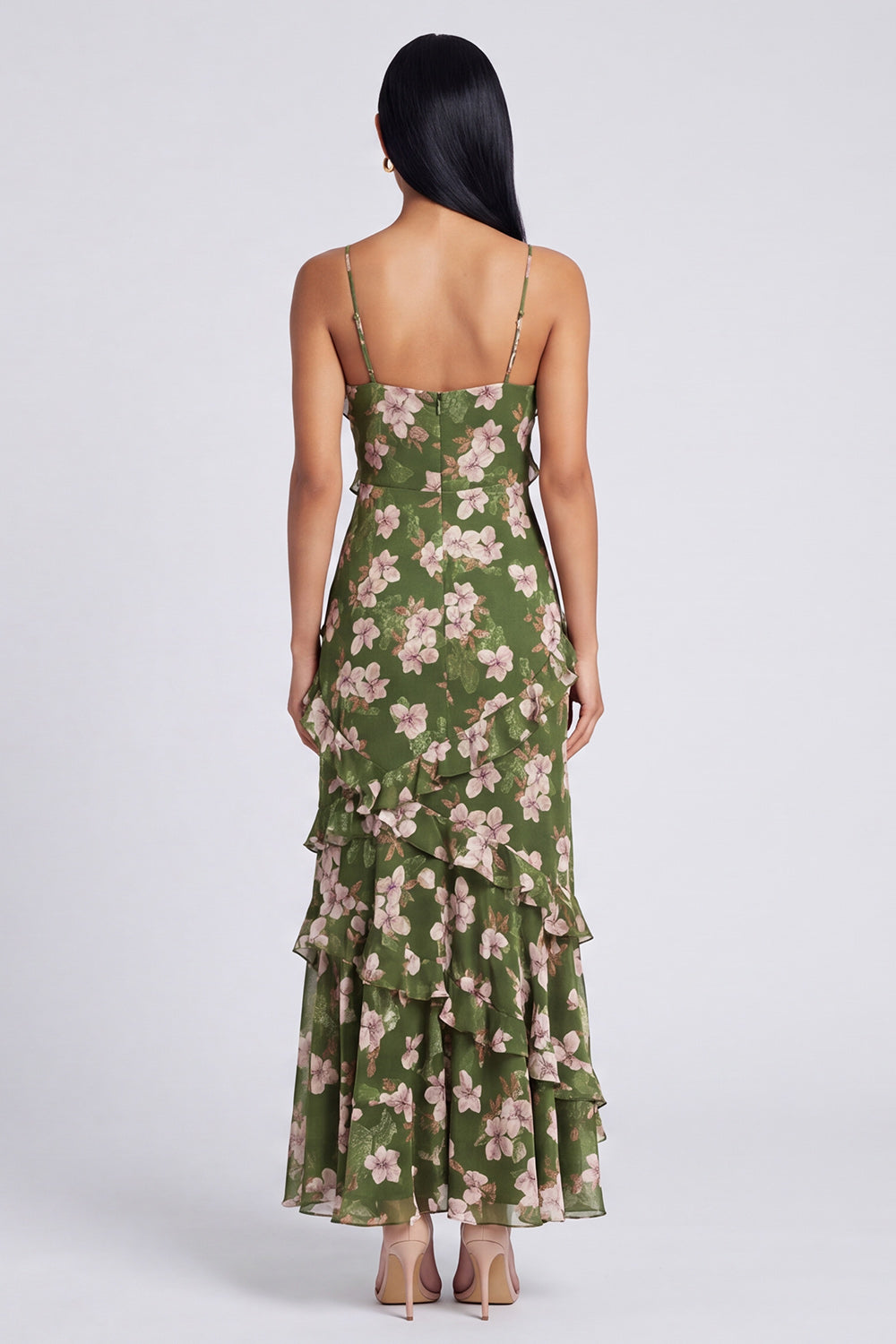 Floral Maxi Dark Green Spaghetti Straps A Line Beach Wedding Guest Dress with Ruffles