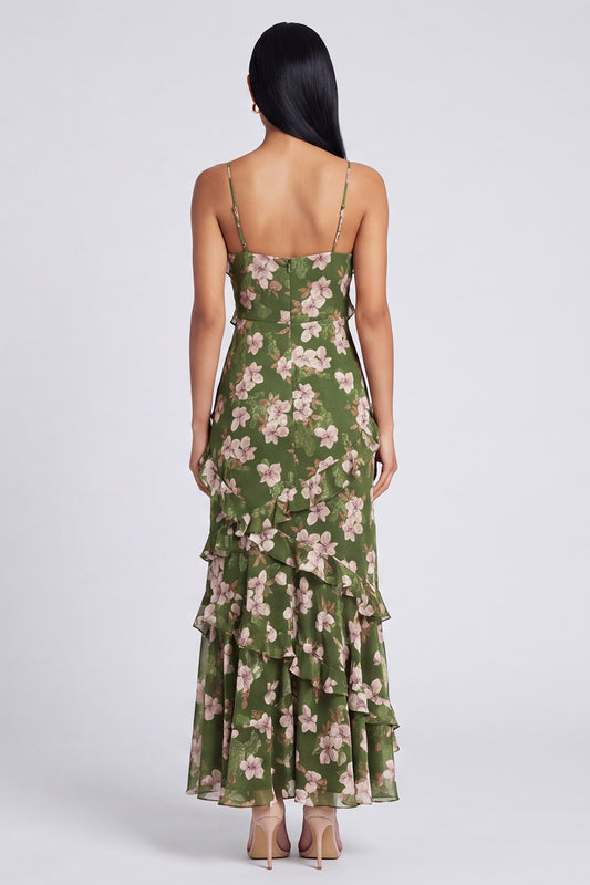 Floral Maxi Dark Green Spaghetti Straps A Line Beach Wedding Guest Dress with Ruffles