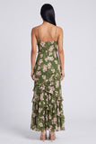 Floral Maxi Dark Green Spaghetti Straps A Line Beach Wedding Guest Dress with Ruffles