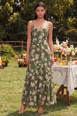 Floral Maxi Dark Green Spaghetti Straps A Line Beach Wedding Guest Dress with Ruffles