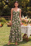 Floral Maxi Dark Green Spaghetti Straps A Line Beach Wedding Guest Dress with Ruffles