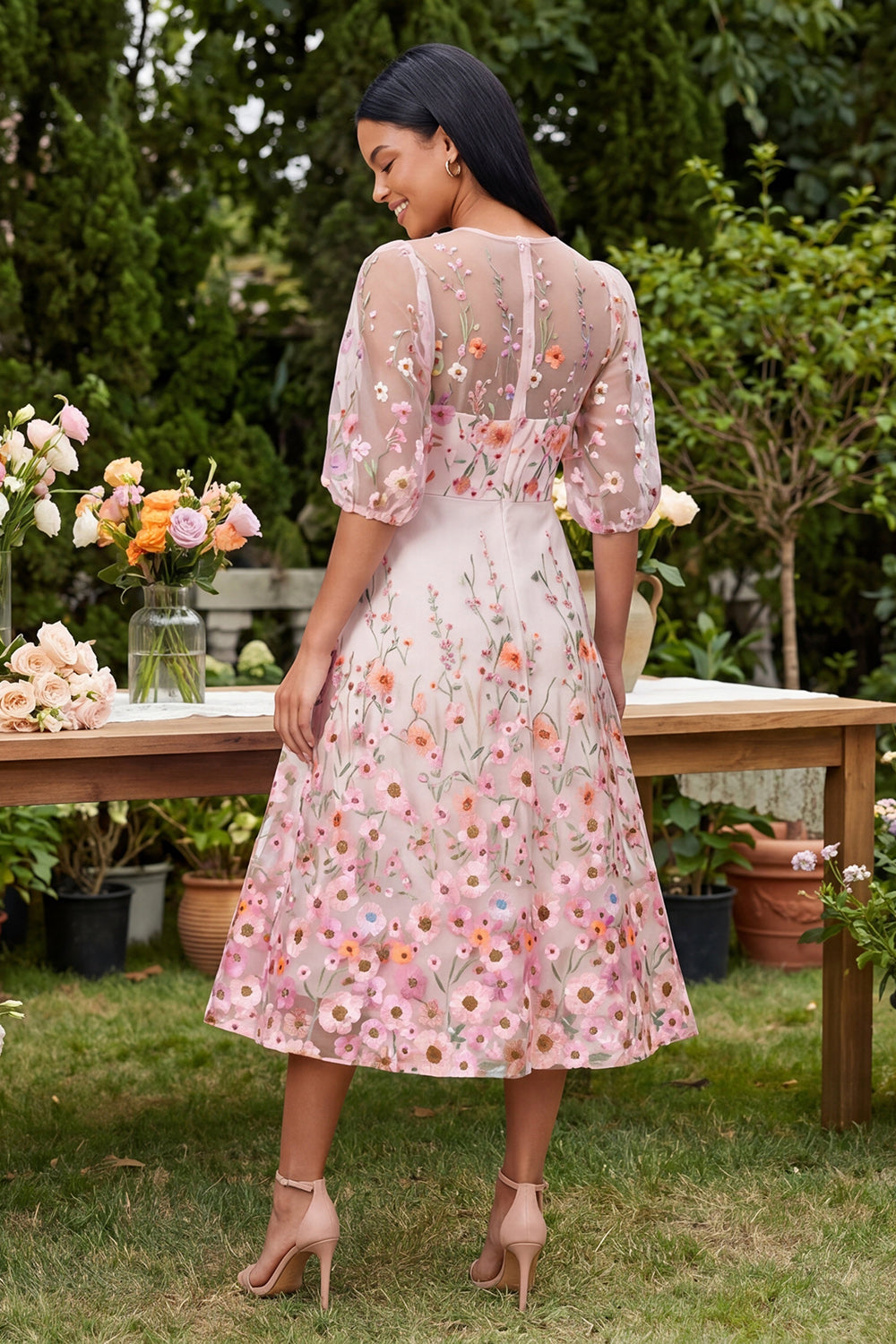 Floral Maxi Round Neck Pink A Line Beach Wedding Guest Dress