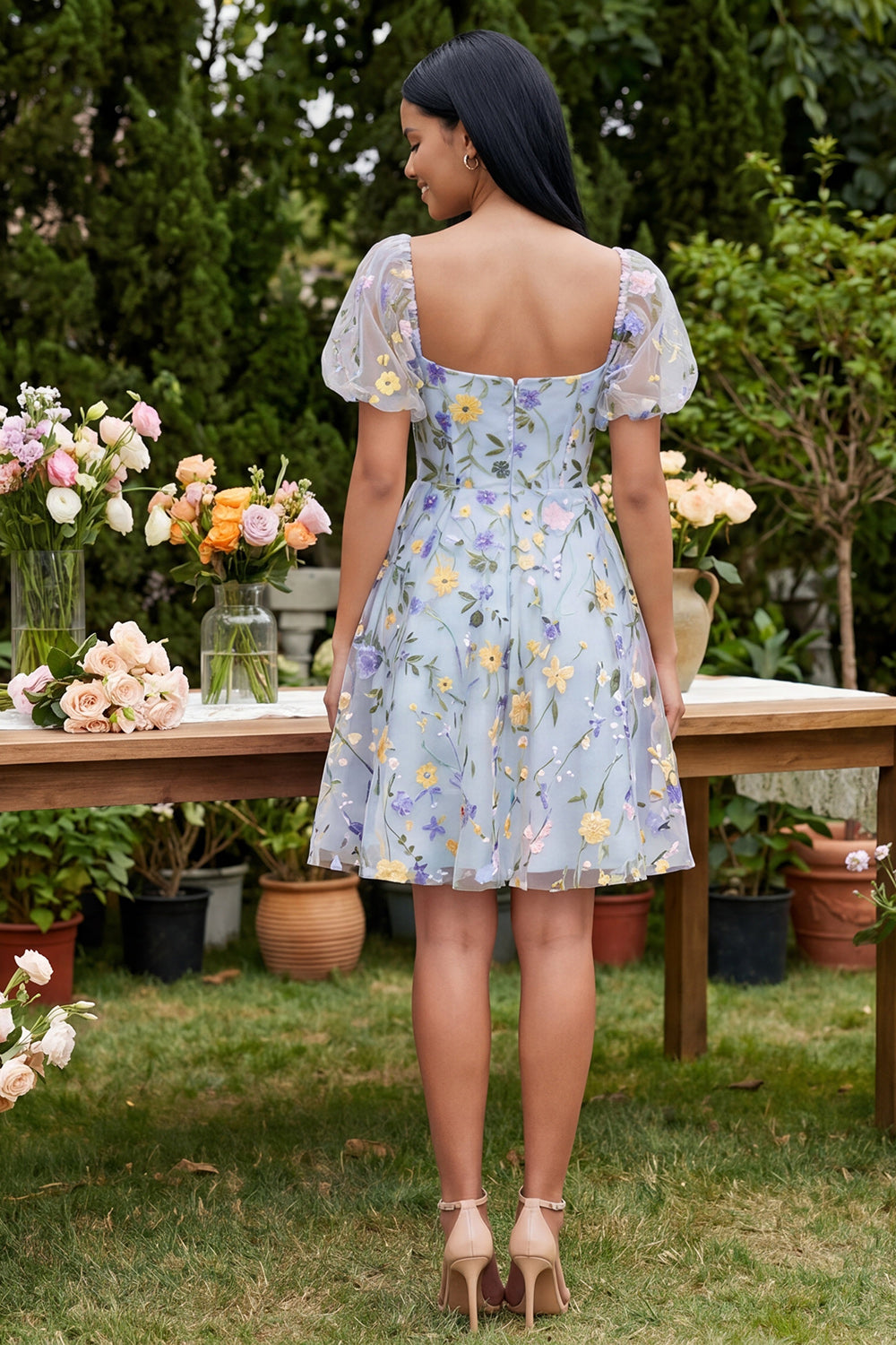Short Square Neck Blue Flower A Line Wedding Guest Dress