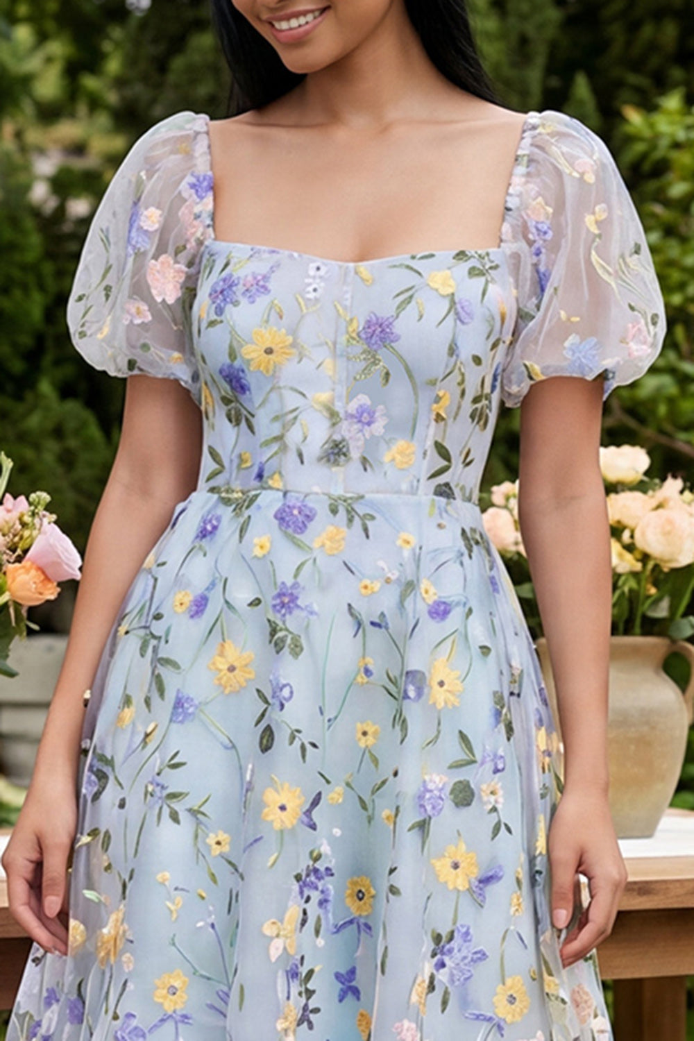 Short Square Neck Blue Flower A Line Wedding Guest Dress