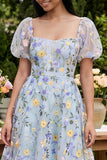Short Square Neck Blue Flower A Line Wedding Guest Dress