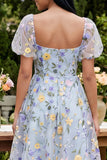 Short Square Neck Blue Flower A Line Wedding Guest Dress