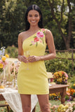 Butter Yellow One Shoulder Floral Tight Short Wedding Guest Dress