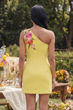 Butter Yellow One Shoulder Floral Tight Short Wedding Guest Dress