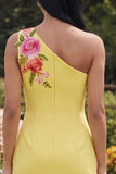 Butter Yellow One Shoulder Floral Tight Short Wedding Guest Dress