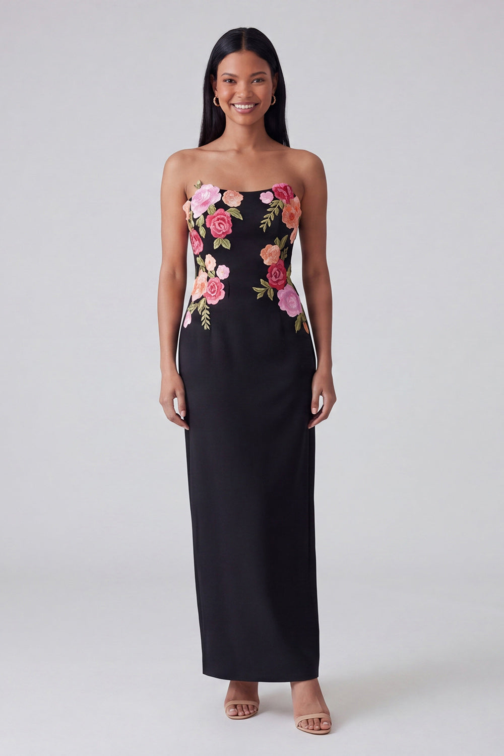 Strapless Light Yellow Floral Maxi Sheath Wedding Guest Dress