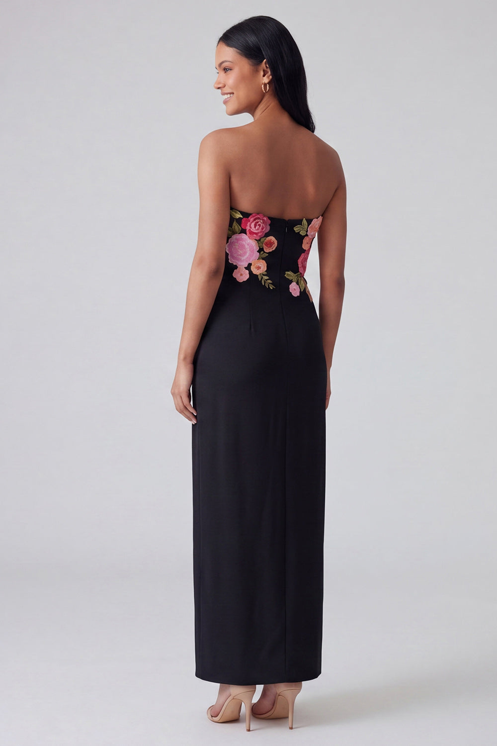 Strapless Light Yellow Floral Maxi Sheath Wedding Guest Dress