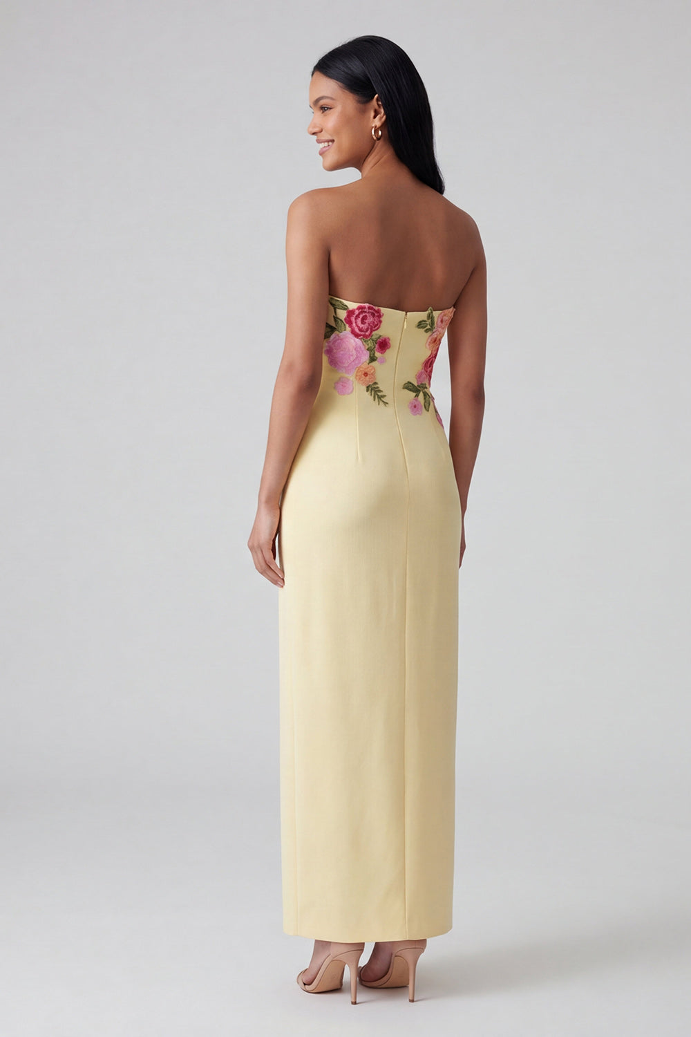 Strapless Light Yellow Floral Maxi Sheath Wedding Guest Dress