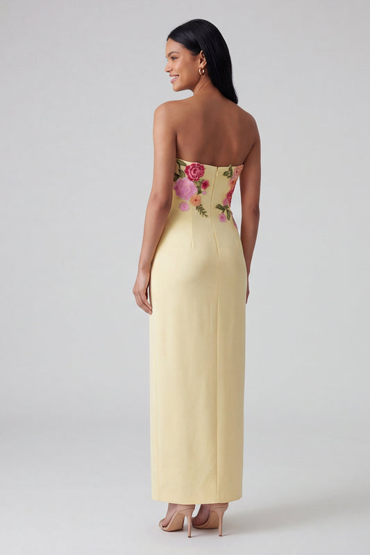 Strapless Light Yellow Floral Maxi Sheath Wedding Guest Dress