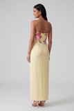Strapless Light Yellow Floral Maxi Sheath Wedding Guest Dress