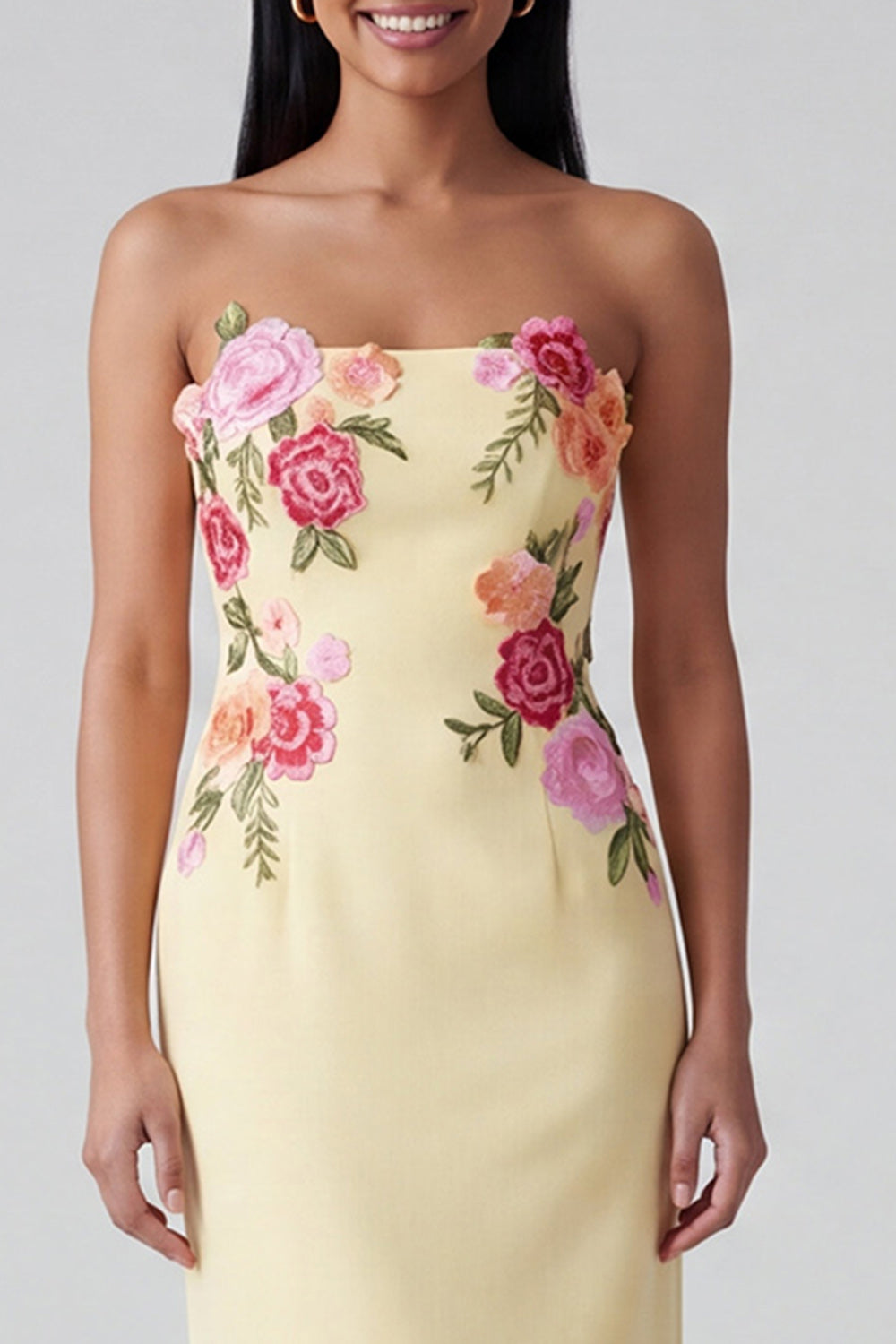 Strapless Light Yellow Floral Maxi Sheath Wedding Guest Dress