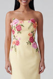 Strapless Light Yellow Floral Maxi Sheath Wedding Guest Dress