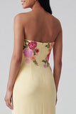 Strapless Light Yellow Floral Maxi Sheath Wedding Guest Dress