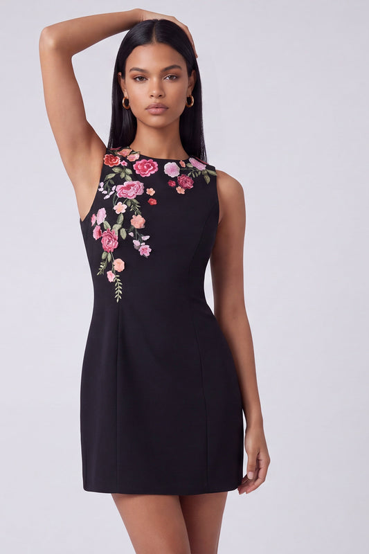 Black Round Neck Floral Short Wedding Guest Dress