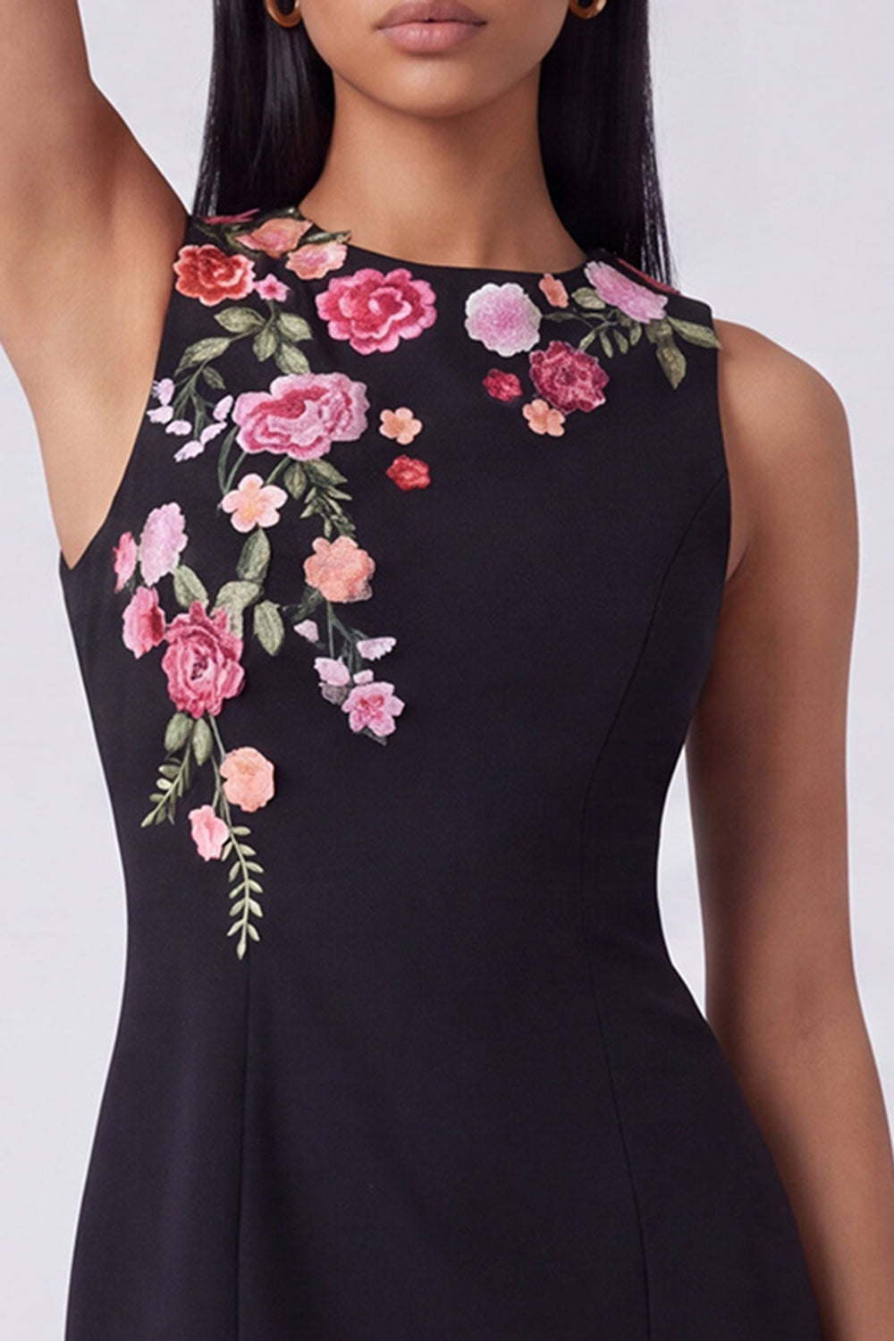 Black Round Neck Floral Short Wedding Guest Dress