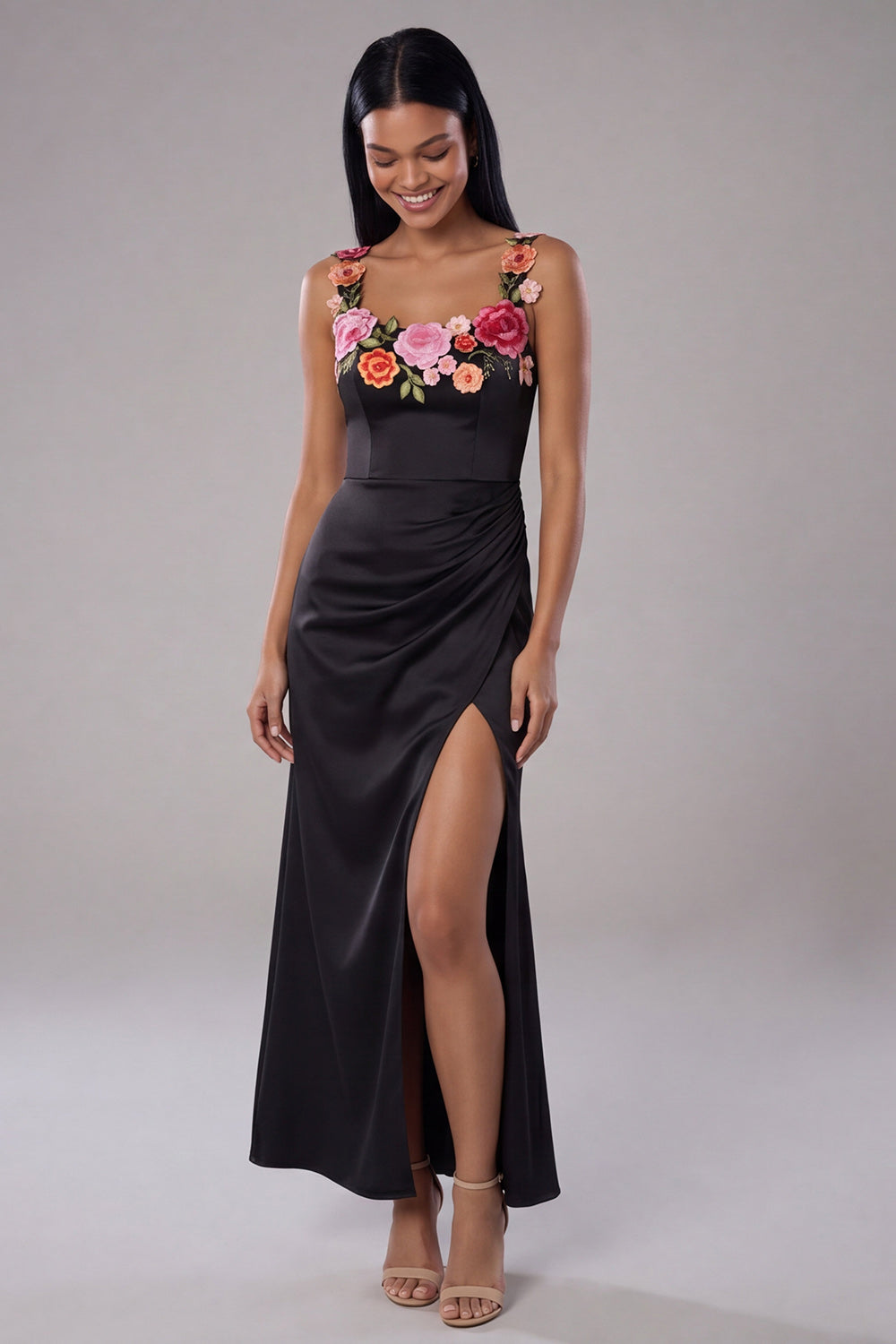 Mermaid Black Ruched Scoop Floral Maxi Beach Wedding Guest Dress with Slit