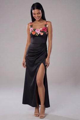 Mermaid Black Ruched Scoop Floral Maxi Beach Wedding Guest Dress with Slit