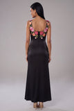 Mermaid Black Ruched Scoop Floral Maxi Beach Wedding Guest Dress with Slit
