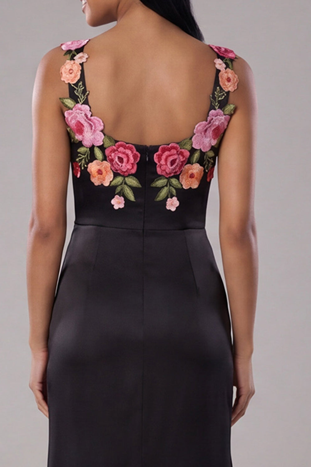 Mermaid Black Ruched Scoop Floral Maxi Beach Wedding Guest Dress with Slit