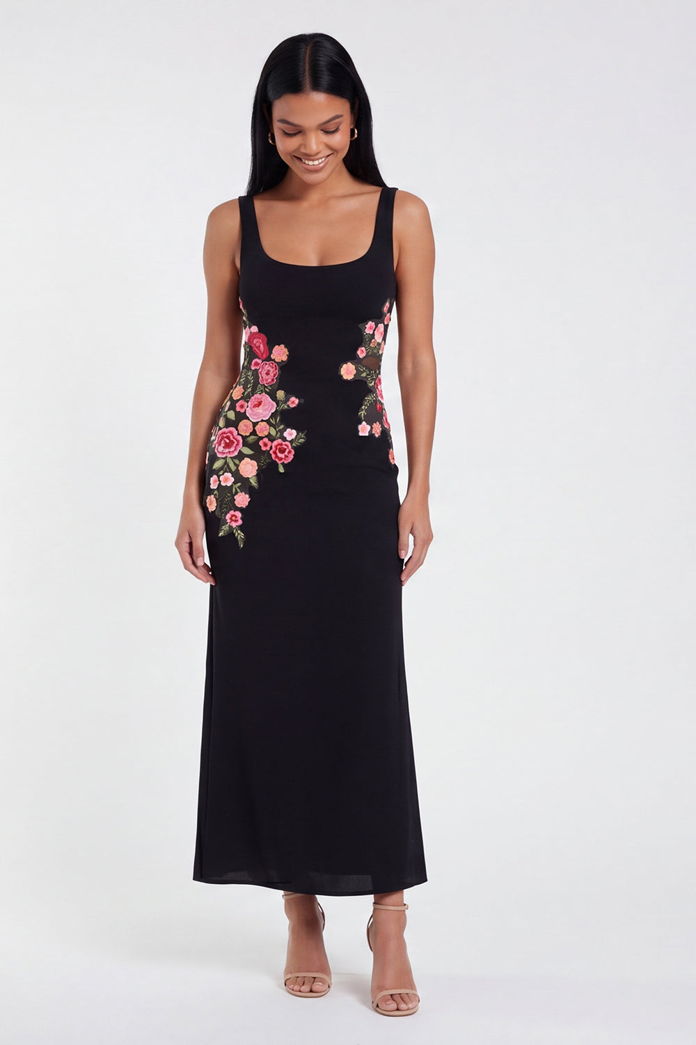 Thick Straps Mermaid Black Floral Maxi Beach Wedding Guest Dress