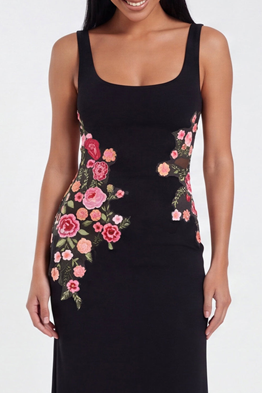Thick Straps Mermaid Black Floral Maxi Beach Wedding Guest Dress