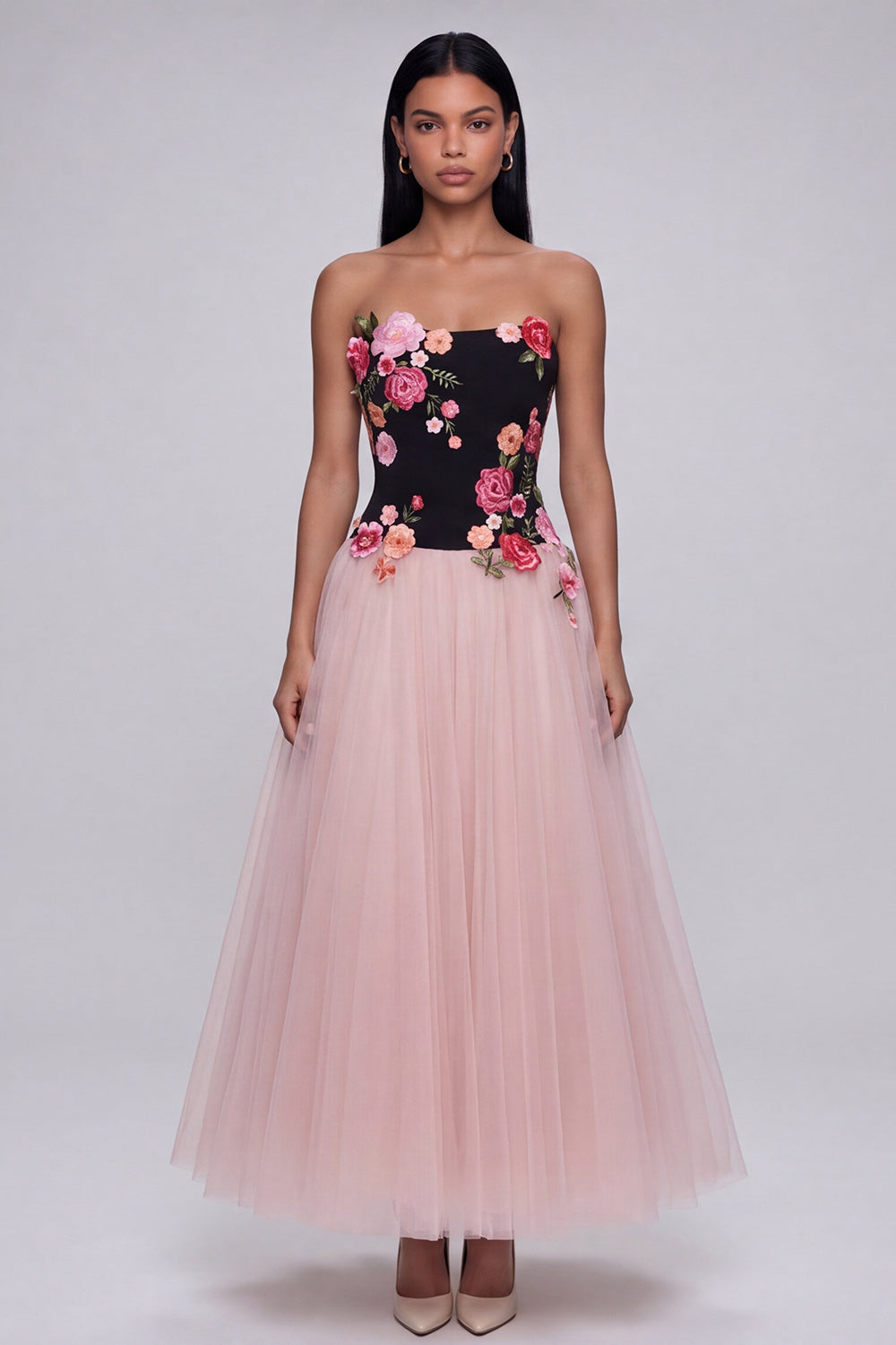 Black and Pink Strapless Floral Maxi A Line Beach Wedding Guest Dress