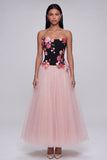 Black and Pink Strapless Floral Maxi A Line Beach Wedding Guest Dress