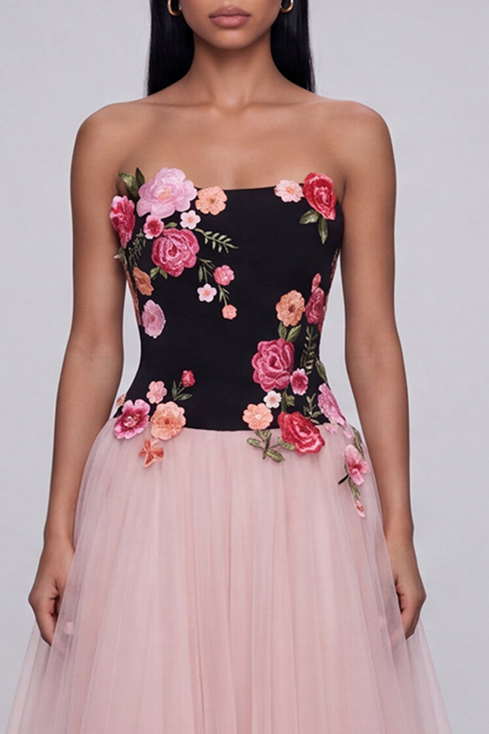 Black and Pink Strapless Floral Maxi A Line Beach Wedding Guest Dress