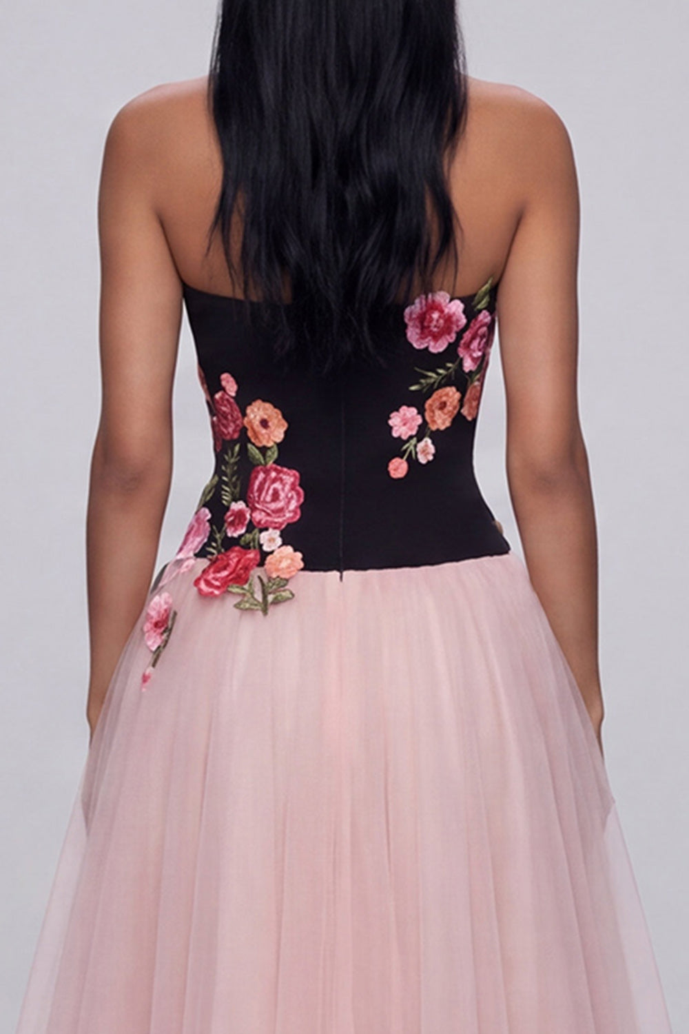 Black and Pink Strapless Floral Maxi A Line Beach Wedding Guest Dress