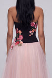 Black and Pink Strapless Floral Maxi A Line Beach Wedding Guest Dress