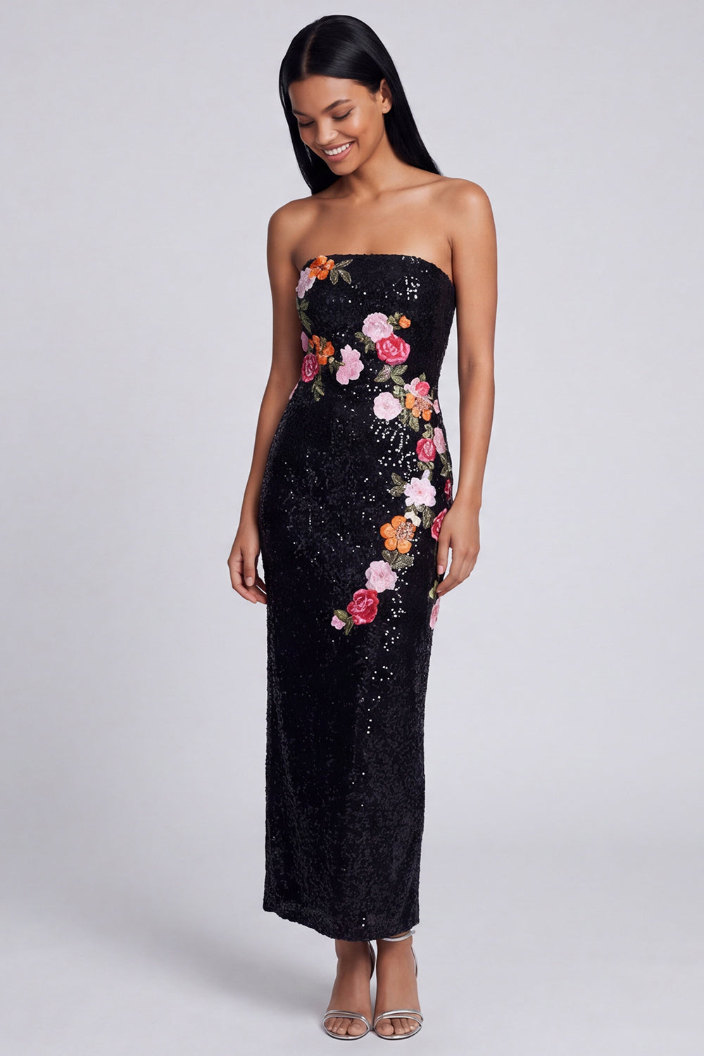 Sparkly Black Sheath Strapless Floral Maxi Beaded Wedding Guest Dress