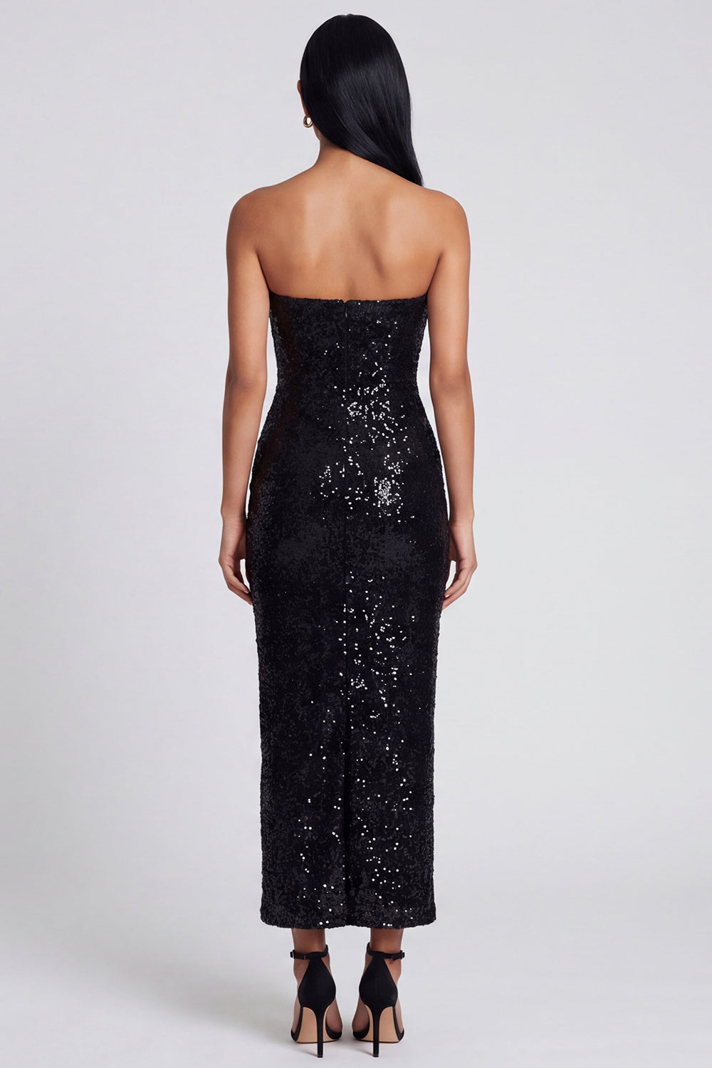 Sparkly Black Sheath Strapless Floral Maxi Beaded Wedding Guest Dress