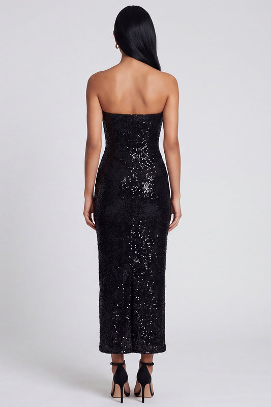 Sparkly Black Sheath Strapless Floral Maxi Beaded Wedding Guest Dress