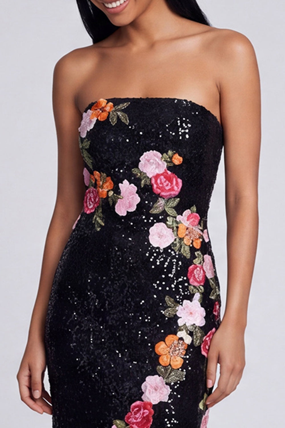 Sparkly Black Sheath Strapless Floral Maxi Beaded Wedding Guest Dress