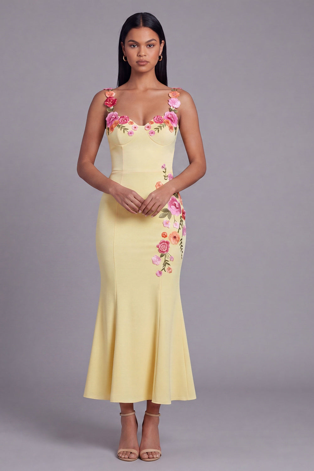 Light Yellow Thick Straps Mermaid Floral Maxi Beach Wedding Guest Dress