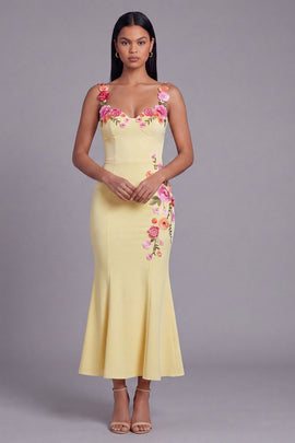 Light Yellow Thick Straps Mermaid Floral Maxi Beach Wedding Guest Dress
