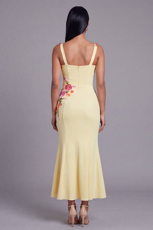 Light Yellow Thick Straps Mermaid Floral Maxi Beach Wedding Guest Dress