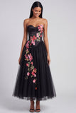 Black Corset Strapless Floral Maxi A Line Beach Wedding Guest Dress