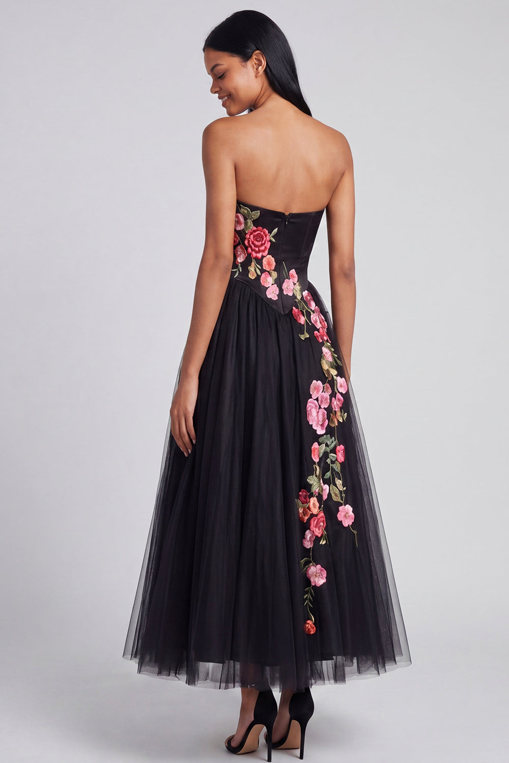 Black Corset Strapless Floral Maxi A Line Beach Wedding Guest Dress