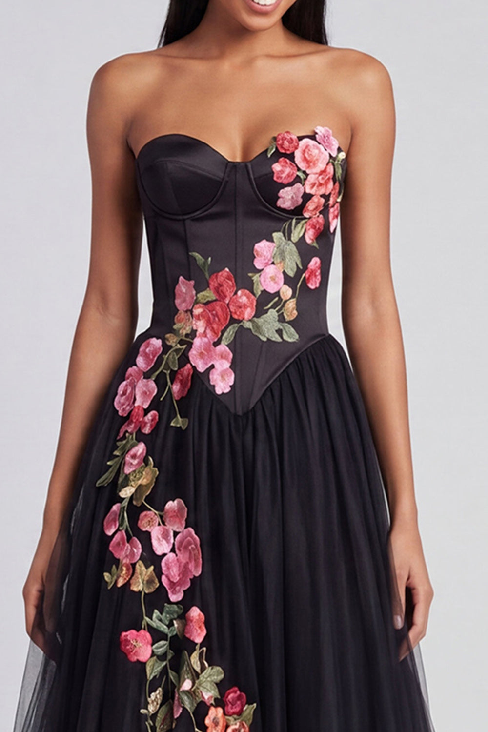 Black Corset Strapless Floral Maxi A Line Beach Wedding Guest Dress