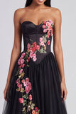Black Corset Strapless Floral Maxi A Line Beach Wedding Guest Dress