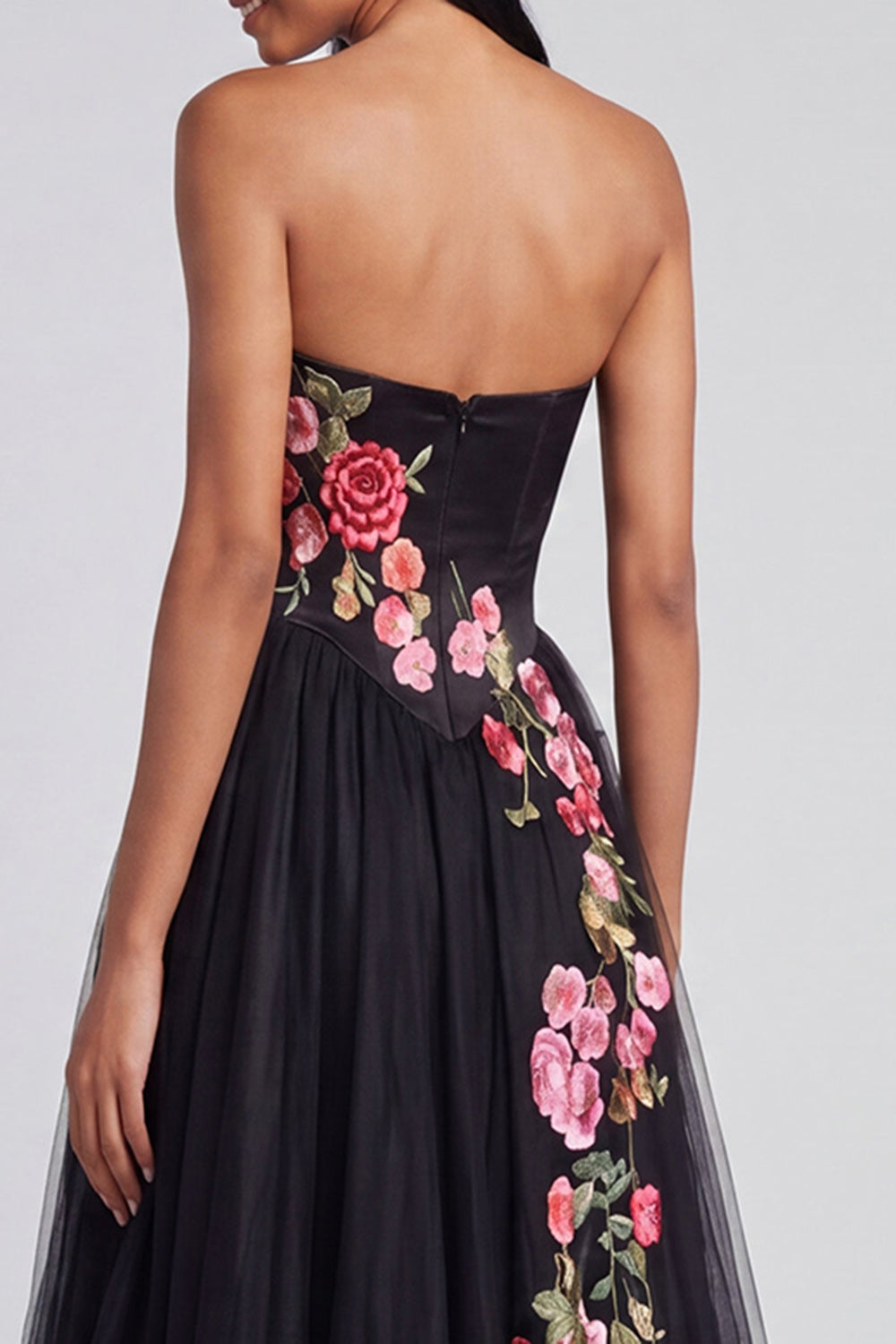 Black Corset Strapless Floral Maxi A Line Beach Wedding Guest Dress