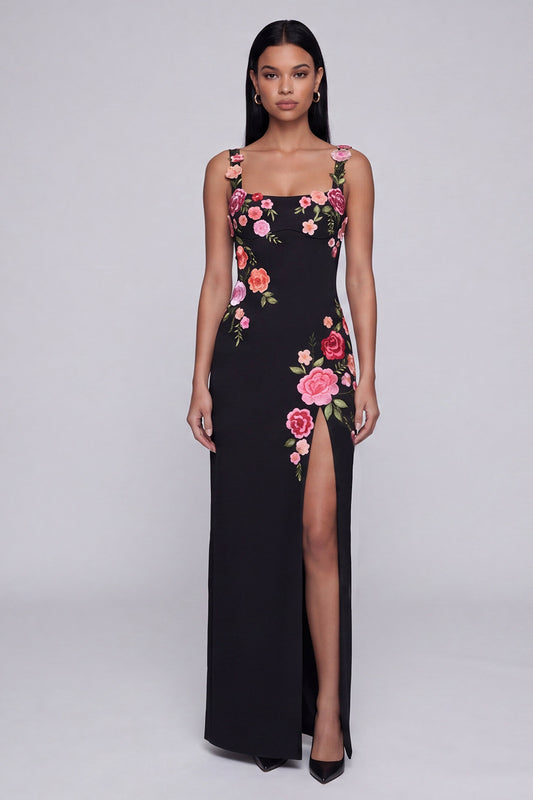 Square Neck Sheath Black Floral Maxi Beach Wedding Guest Dress with Slit