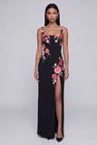 Square Neck Sheath Black Floral Maxi Beach Wedding Guest Dress with Slit