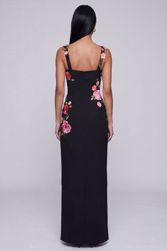 Square Neck Sheath Black Floral Maxi Beach Wedding Guest Dress with Slit
