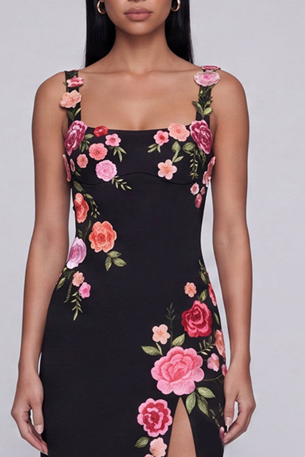 Square Neck Sheath Black Floral Maxi Beach Wedding Guest Dress with Slit